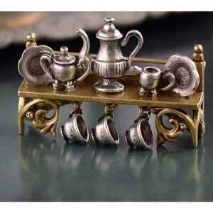 Vintage Sweet Romance Alice in Wonderland Tea Set Shelf Brooch Bronze Silver 2in